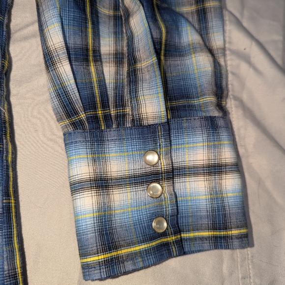 90's Wrangler Blue Plaid Pearl Snap Long Sleeve SZ Large - Picture 5 of 6